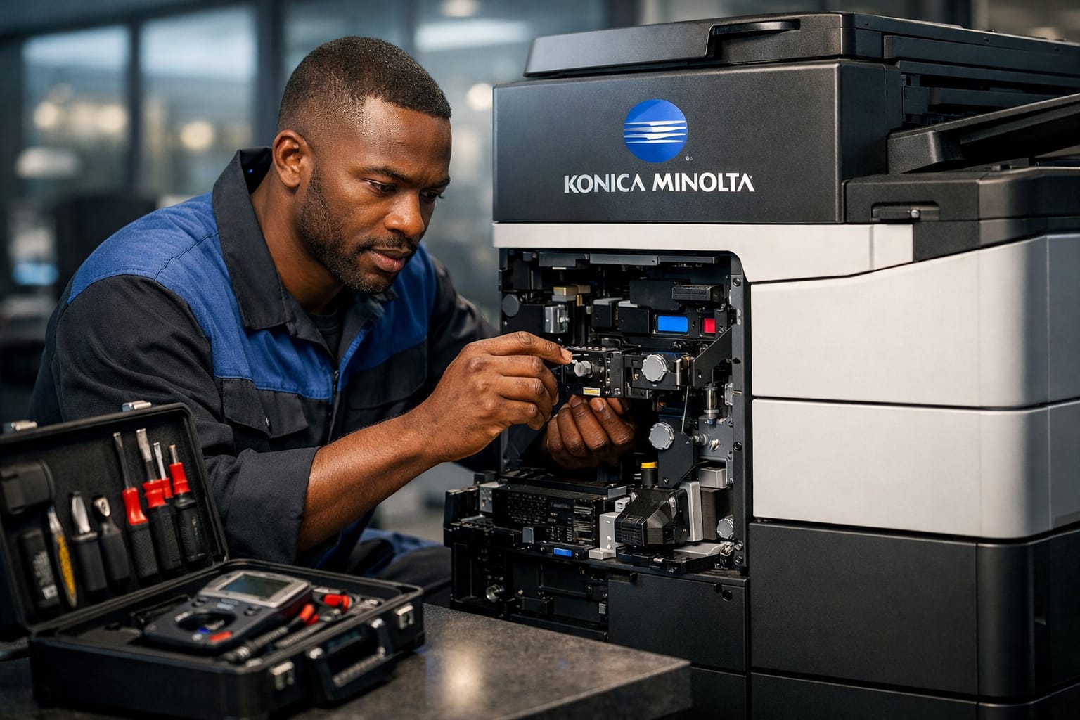 Teclead Blackman servicing a konica minolta bizhub printer