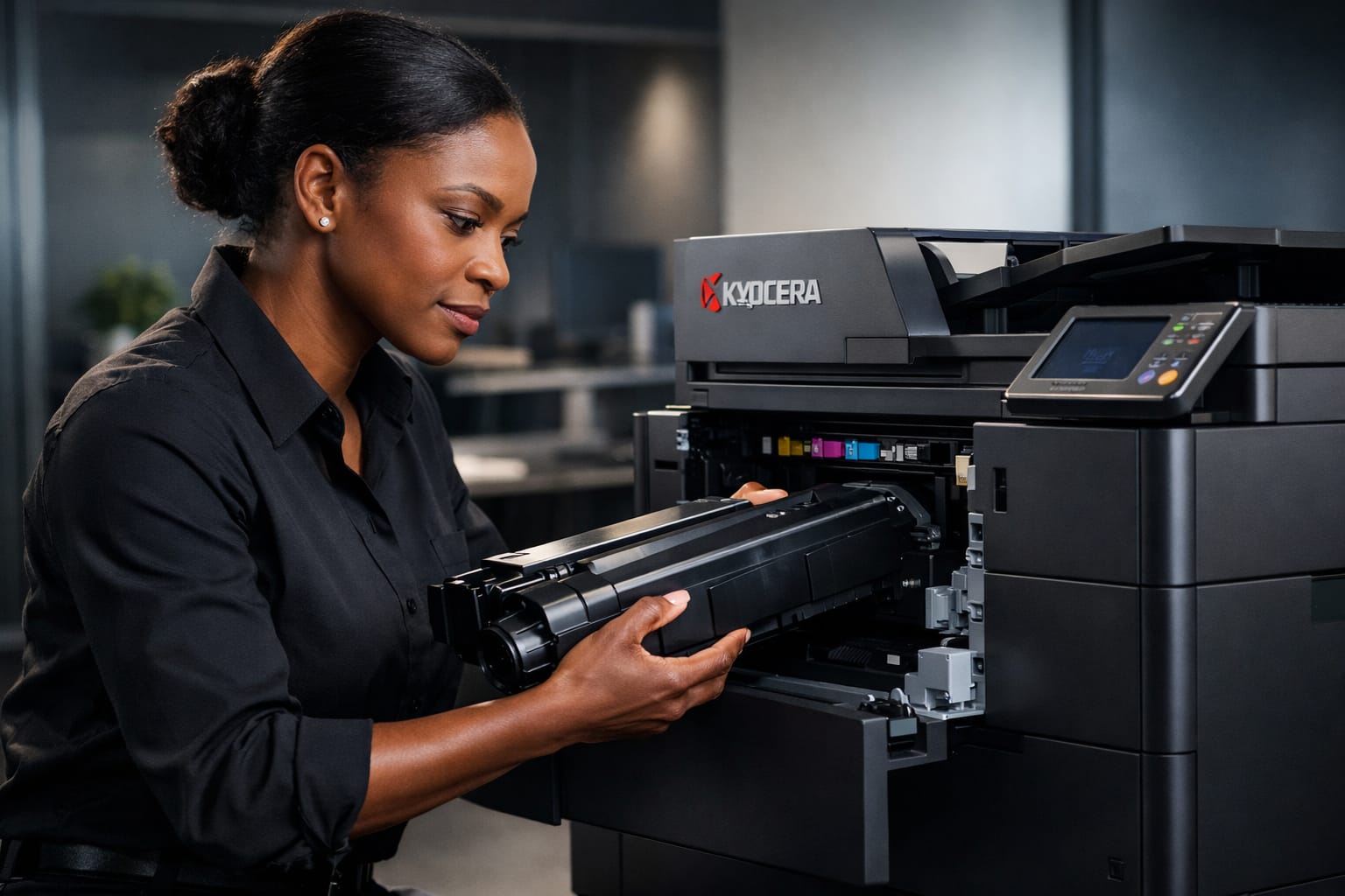 teclead women installing a kyocera toner cartridge